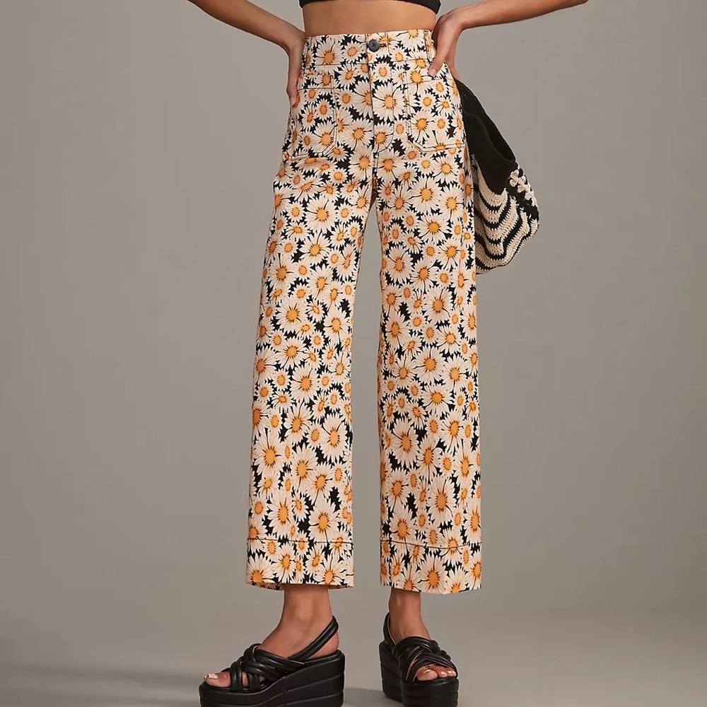 Anthropologie Maeve White & Yellow Daisy Wide-Leg Pants